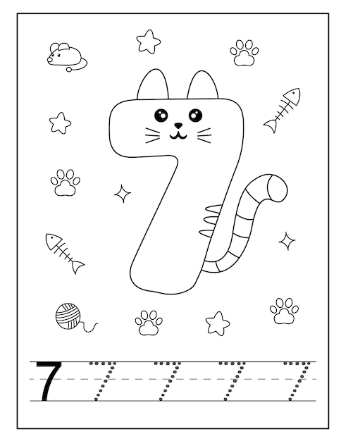 Cat style number coloring page for toddlers