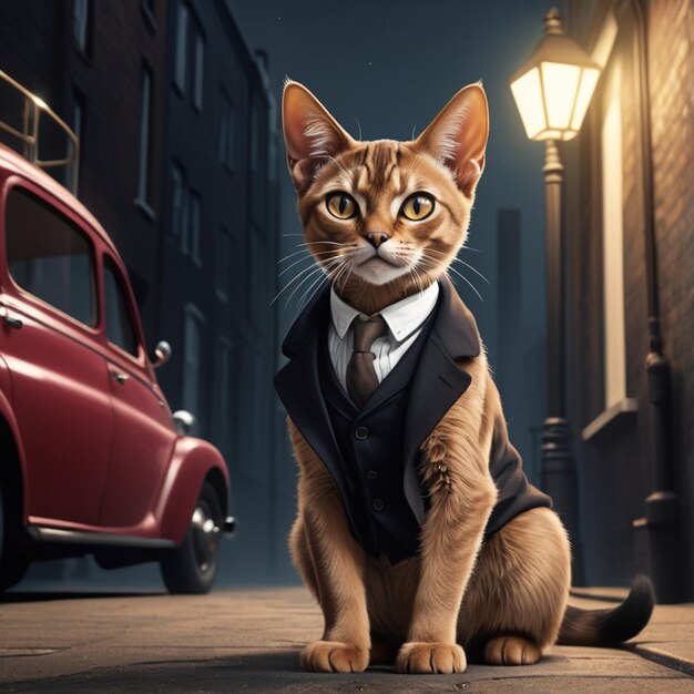 Vector a cat in a suit sits on a sidewalk in front of a red car