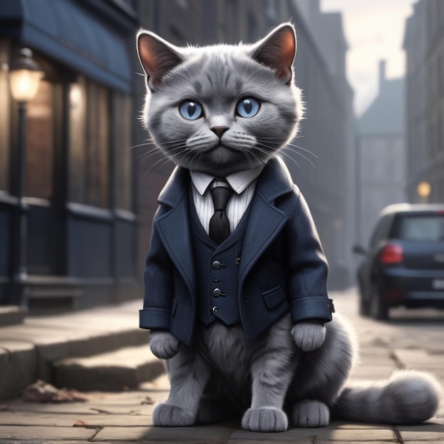 a cat in a suit and tie is on a sidewalk