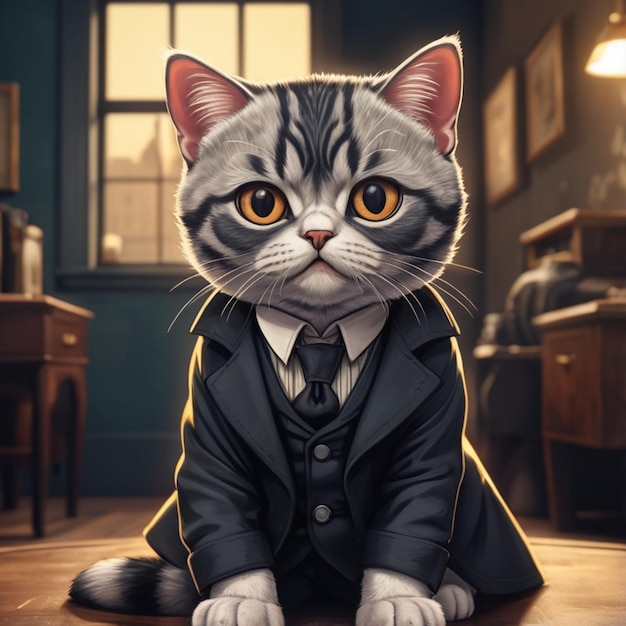 a cat in a suit with a tie on the front