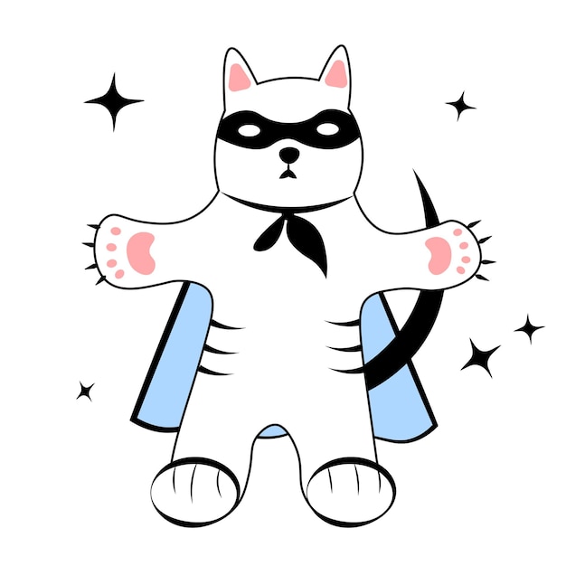 Cat superhero in cape and mask on white background