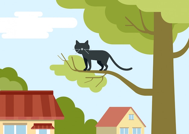 Cat on tree branch on the street flat cartoon