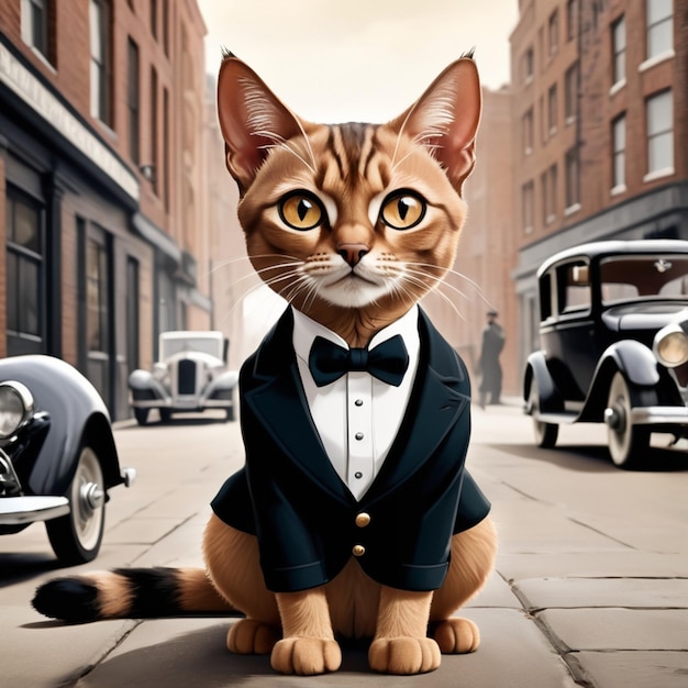 a cat in a tuxedo sits on a sidewalk in front of a car