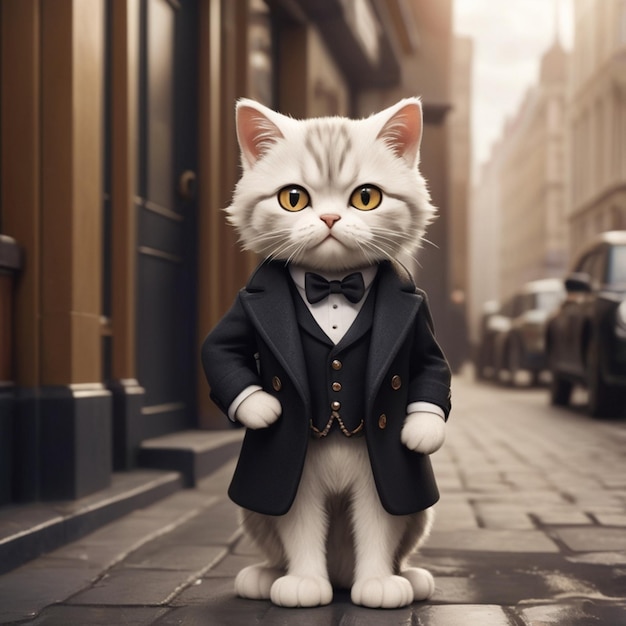 a cat in a tuxedo with a suit on the back