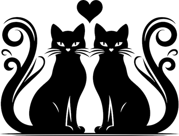 Cat uma Cat Couple with Heart Shape Tails Silhouette Vector Images