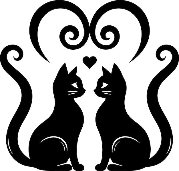 Cat uma Cat Couple with Heart Shape Tails Silhouette Vector Images