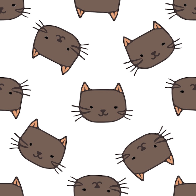 Cat vector pattern with hand drawn painted cat faces Seamless print illustration for children