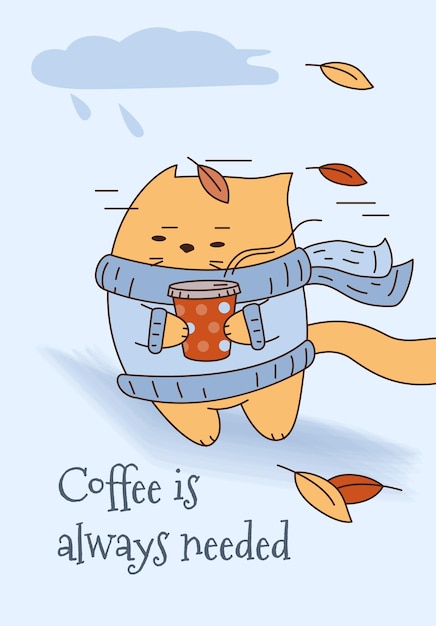 A cat walks in windy rainy weather with coffee