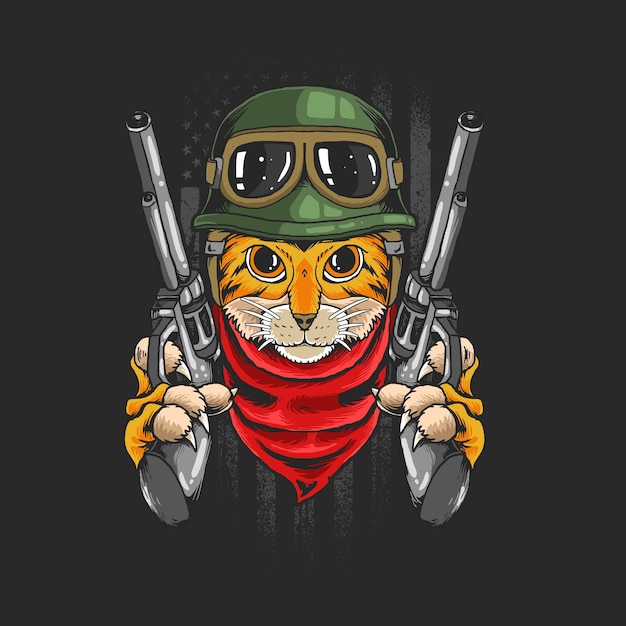 cat warrior with guns isolated on black