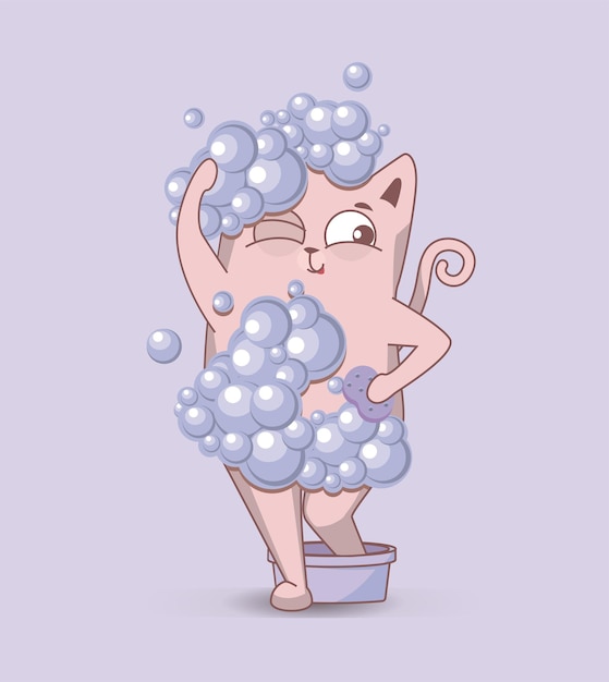 The cat washes in the shower in soap foam with bubbles Cartoon character animal collection