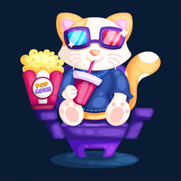 Vector cat watching movie at cinema illustration