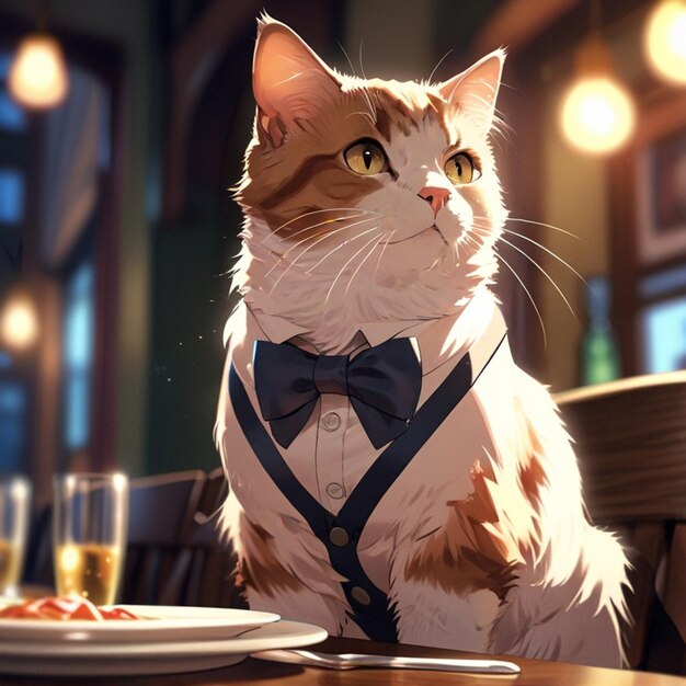 Vector a cat wearing a bow tie sits at a table with a plate of food and a glass of wine