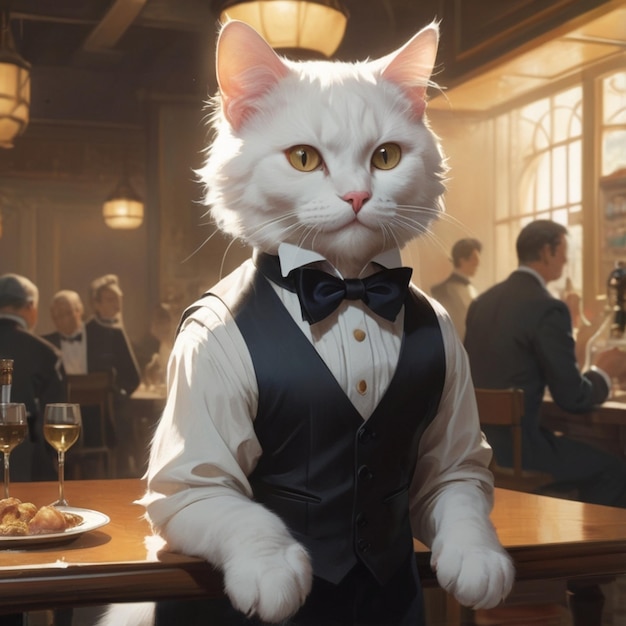 a cat wearing a bow tie sits at a table with a wine glass in the background