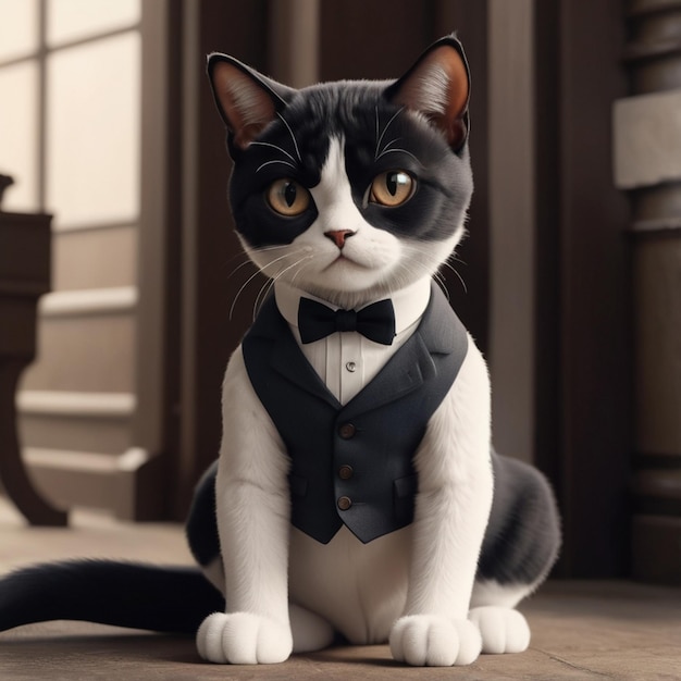 Vector a cat wearing a bow tie sits on a wooden floor