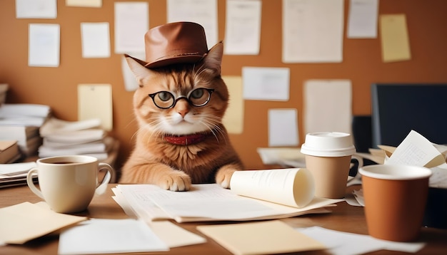 Vector a cat wearing a brown hat and glasses sits at a desk with coffee cups papers and other office supplies creating a humorous scene