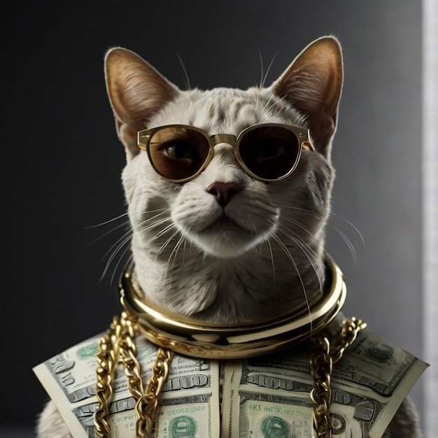 Vector a cat wearing a gold chain around its neck with a dollar bill