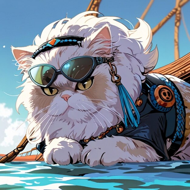 Vector a cat wearing a hat and sunglasses is laying in the water