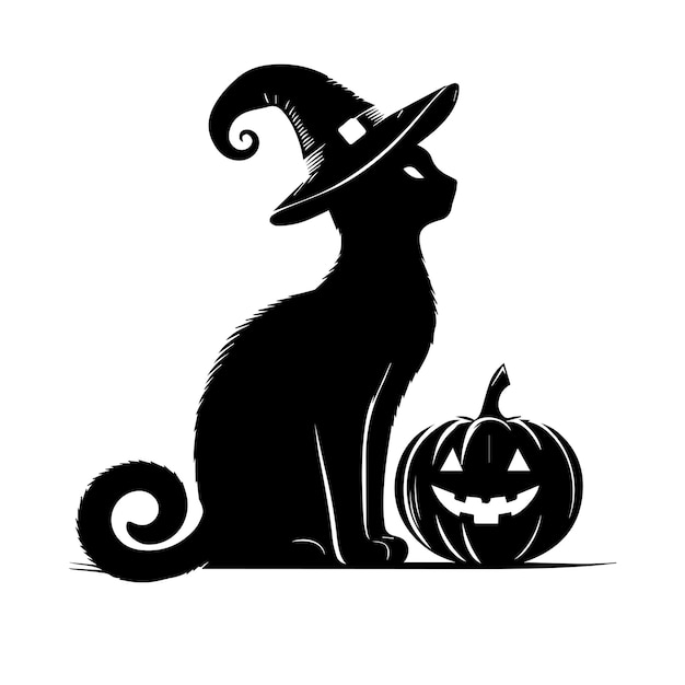 Vector cat wearing witch hat silhouette halloween element vector