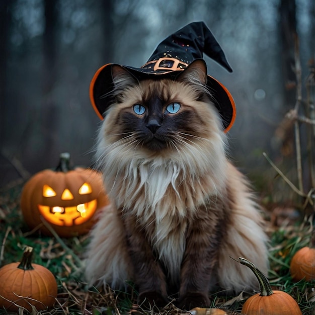 Vector a cat wearing a witch hat sits in front of pumpkins