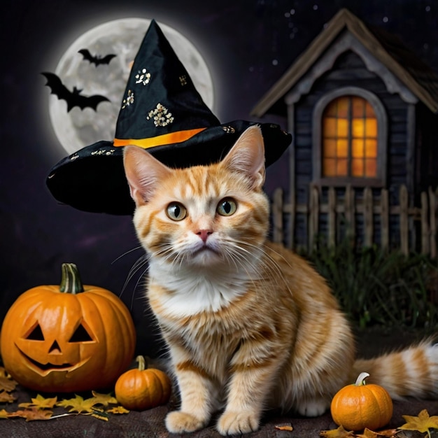 a cat wearing a witch hat sits next to a pumpkin