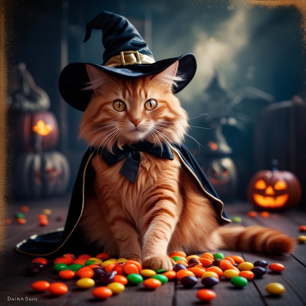 Vector a cat wearing a witch hat sits on a table with candy candy