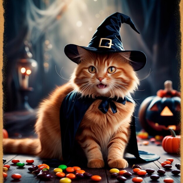 Vector a cat wearing a witch hat sits on a table with candy and candy