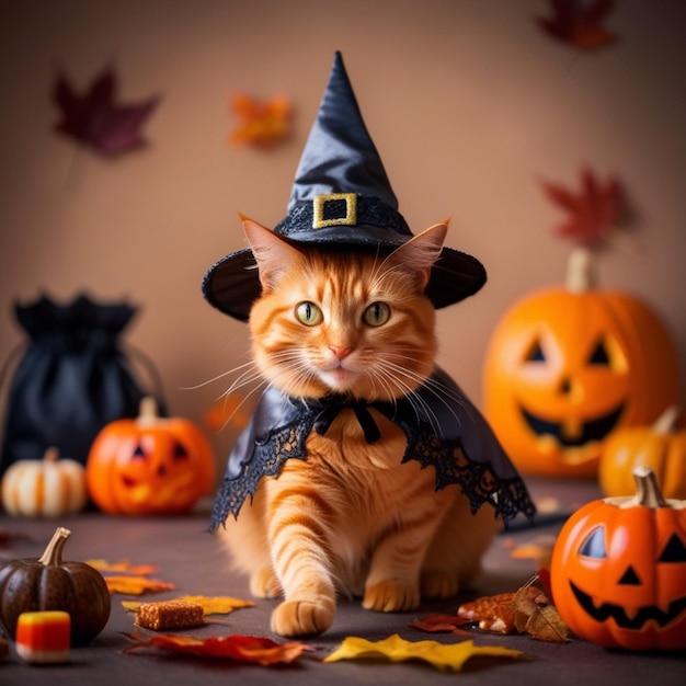 a cat wearing a witch hat sits on a table with pumpkins and other pumpkins