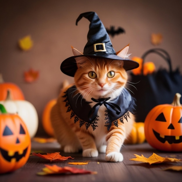 a cat wearing a witch hat sits on a table with pumpkins