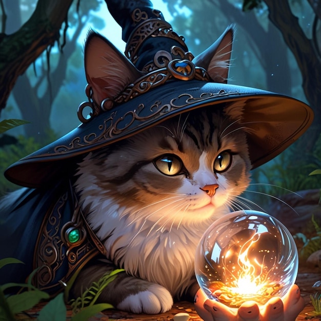 Vector a cat wearing a witch hat with a ball and a ball in the middle of it