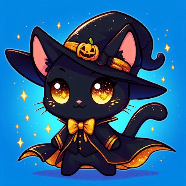 Vector a cat wearing a witch hat with a bow on it