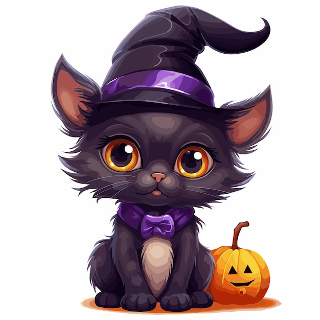 cat wearing witch hat with pumpkins