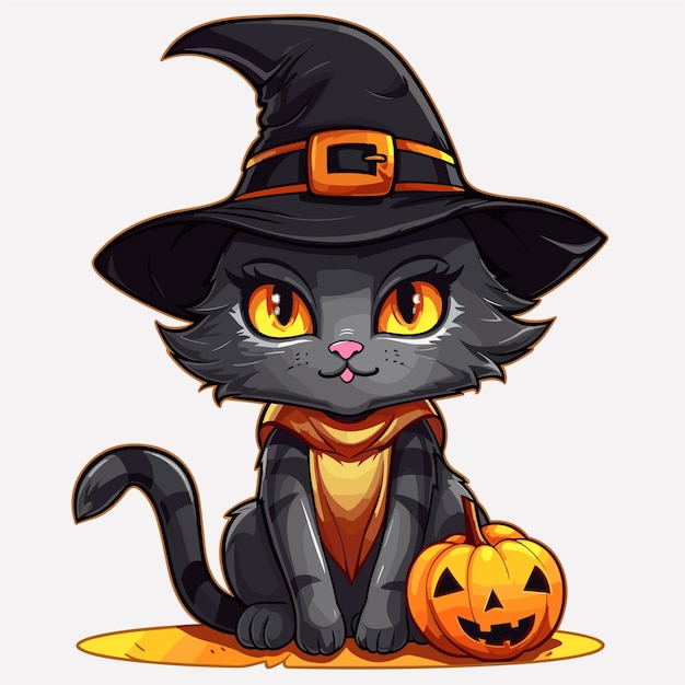 cat wearing witch hat with pumpkins