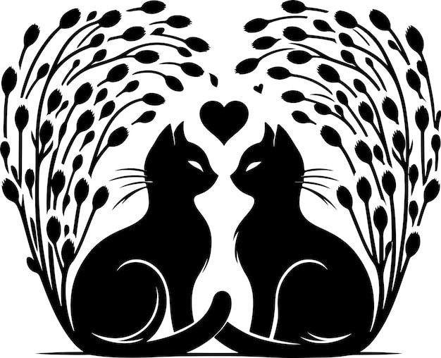 Cat willow Cat Couple in Love with Shape Heart Tails Silhouette Vector Images