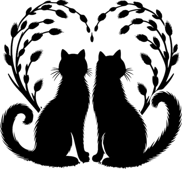 Cat willow Cat Couple in Love with Shape Heart Tails Silhouette Vector Images