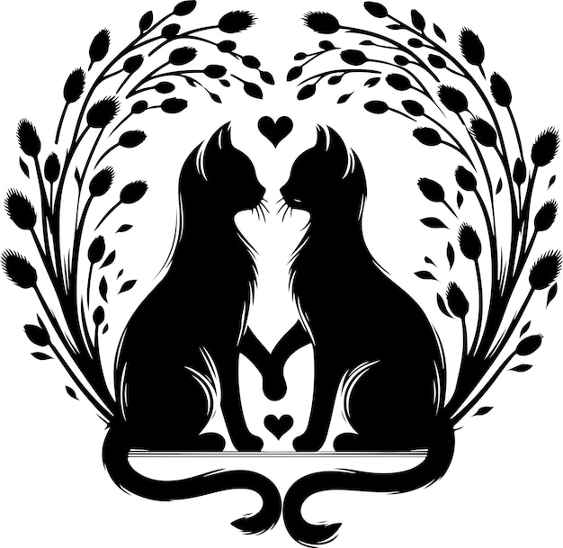 Vector cat willow cat couple in love with shape heart tails silhouette vector images