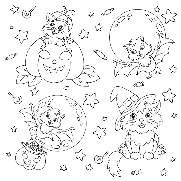 Cat in a witch hat bat pumpkin moon Halloween theme Coloring book page for kids Cartoon style