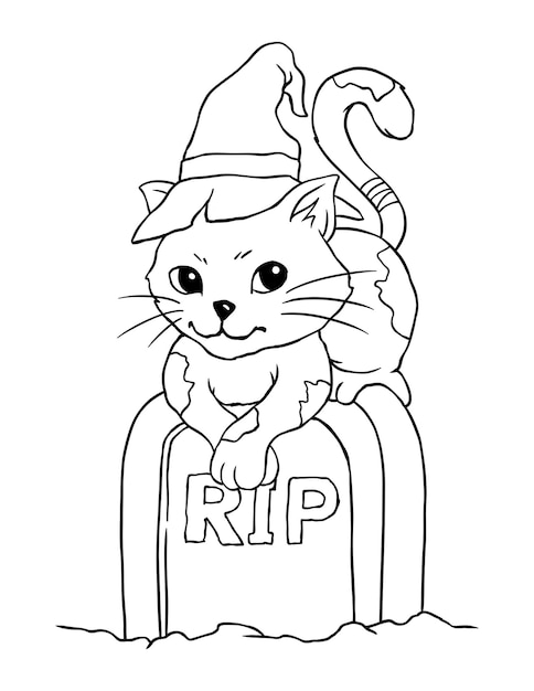 Cat in a Witch Hat Halloween Coloring Page