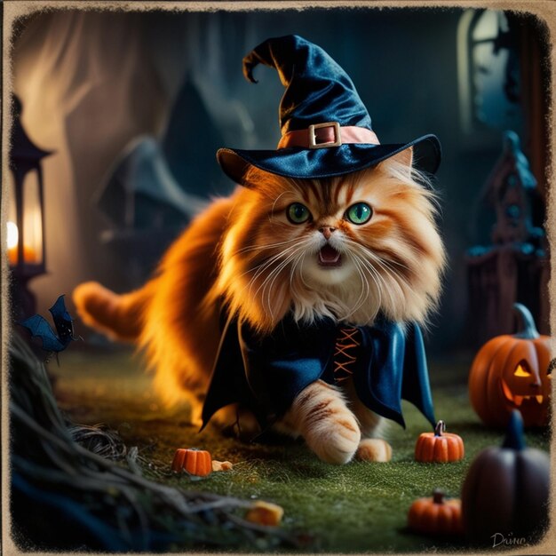 a cat in a witch hat is sitting in front of a halloween scene