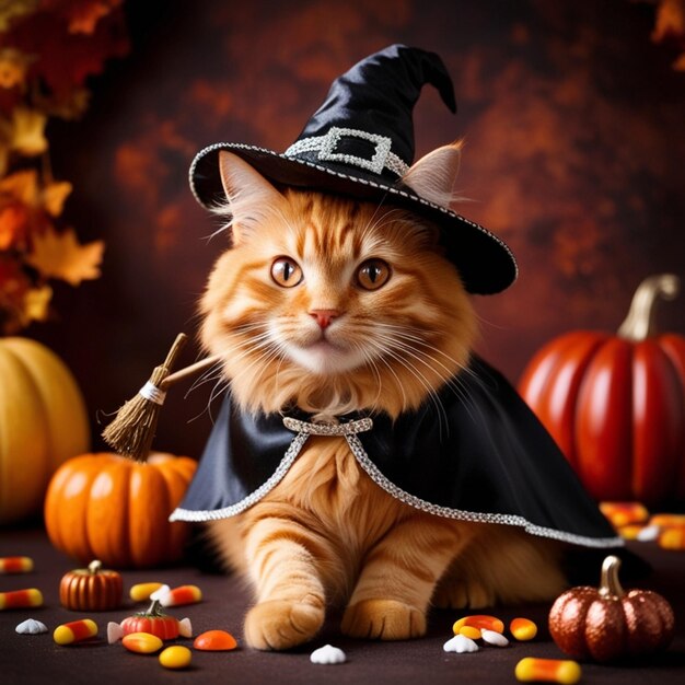 Vector a cat in a witch hat sits in front of a pumpkin patch