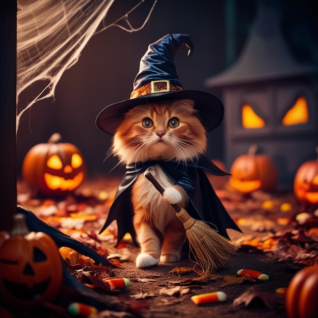 a cat in a witch hat stands in front of a pumpkin patch