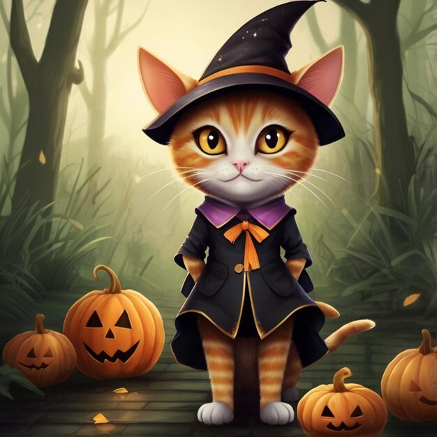 Vector a cat in a witch hat stands in front of pumpkins