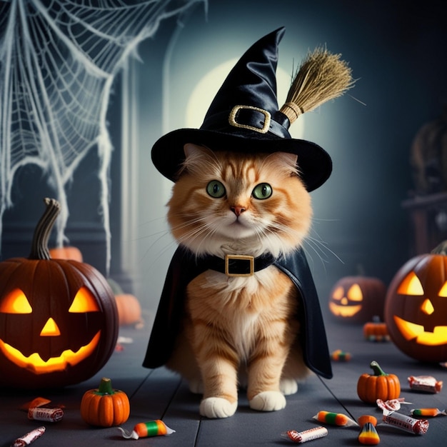 a cat in a witch hat with a pumpkin on it