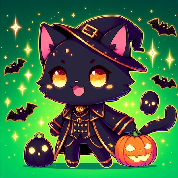 Vector a cat in a witch hat with a pumpkin on it