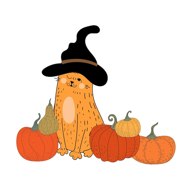 Cat in a witch's hat. Halloween. Ginger cat. pumpkin. Autumn. Flat illustration. Vector.