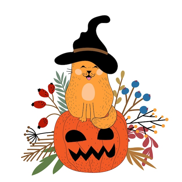 Cat in a witch's hat. Halloween. Ginger cat. pumpkin. Autumn. Flat illustration. Vector.