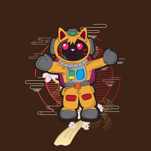 cat with astronaut costume illustration for logo, notebook, and background