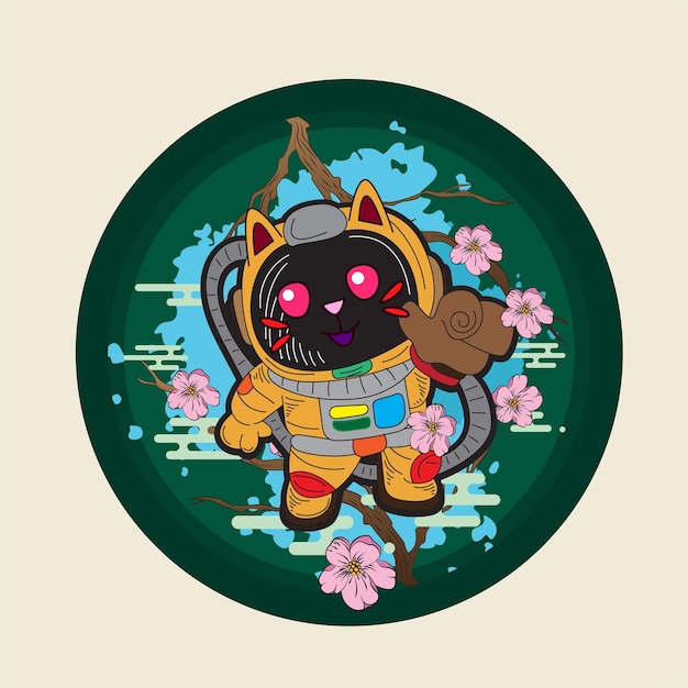 cat with astronaut costume illustration for logo, notebook, and background