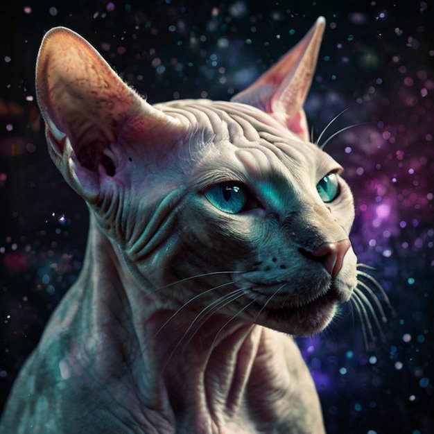 Vector a cat with a blue eyes and a black background with a space background that says  cat