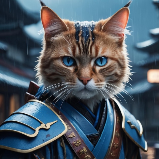 Vector a cat with a blue eyes and a blue sash with gold accents