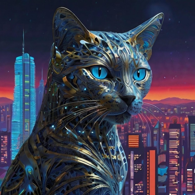 Vector a cat with a blue eyes and a city in the background